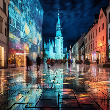 Immerse yourself in the enchanting cityscape of Tallinn with this captivating image of a futuristic skyscraper seamlessly blending into a medieval cobblestone street. The design of the skyscraper combines both historic and modern elements, creating an intricate fusion that evokes a sense of mystery and timelessness. The vibrant collage of colors in the sky reflects the vibrant culture of Tallinn, while the ancient stone buildings and sleek glass facades symbolize the city's rich history and contemporary ambitions. This mesmerizing blend of old and new invites viewers to envision the contrasting beauty of Tallinn, provoking a whirlwind of reactions and inspiring awe.の素材