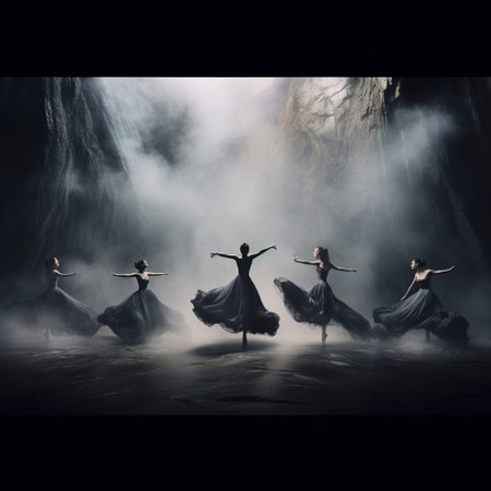 Immerse yourself in the enchanting world of ballet with this astonishing wallpaper: Ballet in the Void. This mesmerizing scene depicts graceful dancers suspended in an ethereal, infinite black space. The dancers effortlessly float, their movements radiating elegance and poise amidst the mysterious void. The backdrop perfectly captures their weightlessness, evoking a sense of wonder and awe. This captivating and evocative image showcases the beauty of ballet in this extraordinary setting, inviting you to explore the limitless possibilities of artistic expression.の素材