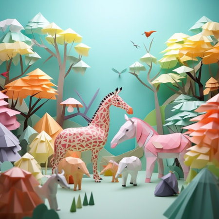 Step into a whimsical scene where an origami zoo comes to life on a pastel background. Delicate sheets of paper transform into intricate animals, meticulously crafted using the art of origami. Explore the astonishing wallpaper that showcases elegant giraffes, majestic elephants, mischievous monkeys, and graceful swans. The pastel color palette enhances the enchanting atmosphere, creating a visually captivating masterpiece that sparks joy and wonder. Immerse yourself in this unique blend of art and imagination!の素材