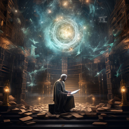 Immerse yourself in the enchanting world of The Astral Librarian, a displate-worthy image that will captivate viewers' attention. Behold an ethereal figure dressed in flowing robes, gracefully suspended amidst a sea of twinkling galaxies. The Astral Librarian is deeply engrossed in their celestial duties, peacefully reading a magnificent, luminescent book. As the pages of the book emit a soft glow, surreal hues are cast onto the surrounding cosmic backdrop, creating a truly mesmerizing scene. This stunning image seamlessly merges the wonders of astrophysics with the enchantment of literature, igniting a sense of awe and curiosity in all who behold it.の素材