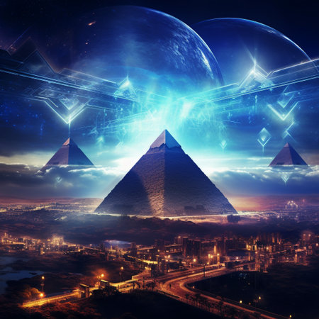 Create an astonishing wallpaper featuring ancient pyramids in a futuristic setting. Imagine a breathtaking scene with towering pyramids set against a vibrant skyline filled with hovercars and illuminated by the glow of laser lights. Let your imagination run wild as you bring together the grandeur of ancient architecture and the marvels of advanced technology. This image will truly captivate viewers and inspire a sense of wonder and awe.の素材