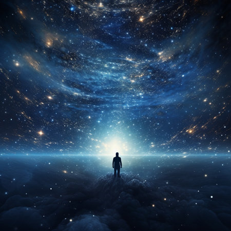 Be mesmerized by this ethereal moment captured in an image, where a soul gracefully separates from its physical body. Against the backdrop of a captivating night sky adorned with countless galaxies, the silhouette of the departing soul casts a mesmerizing figure. This astonishing wallpaper evokes the mystical experience of astral projection, inviting viewers into the realm of infinite possibilities and spiritual exploration.の素材