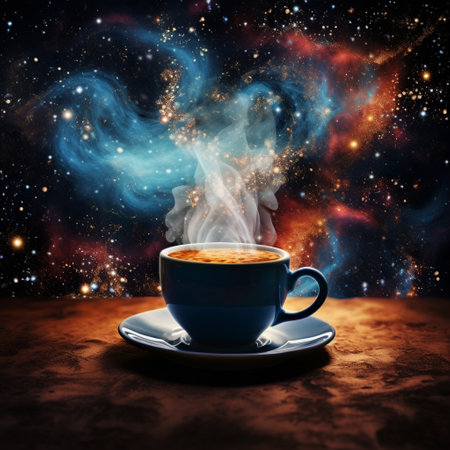 Indulge in the cosmic beauty and caffeinated wonder with this astonishing wallpaper featuring a cosmic coffee cup. Inside the cup, mesmerizing nebulas and stars swirl, creating a celestial blend of cosmic beauty and caffeinated inspiration. Immerse yourself in the wonders of the universe and the energizing effects of a good cup of coffee.の素材