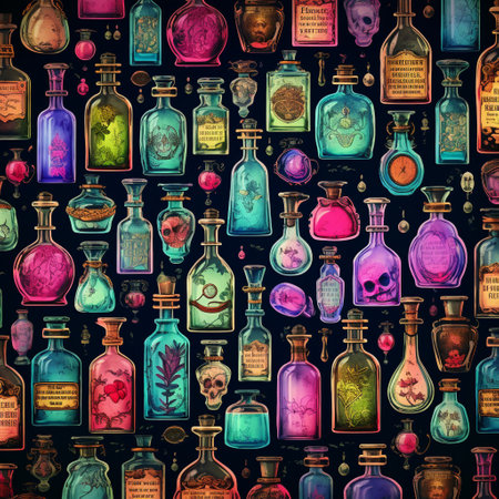 Step into a mesmerizing world with this astonishing wallpaper featuring vintage potion bottles in a pop art style. The vibrant colors and bold, graphic designs of the bottles will add a touch of whimsy and nostalgia to any space. Each bottle is intricately detailed, capturing the essence of a bygone era of potions and magic. Let your imagination run wild with this unique and eye-catching wallpaper.の素材