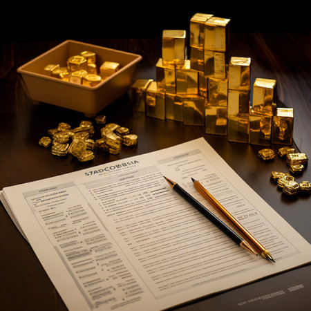Experience the captivating contrast between opulence and practicality with this image featuring gold bars prominently placed beside a meticulously laid out business goal sheet. The sheer opulence of the gold contrasts with the practicality of the goals, forming an intriguing juxtaposition that exudes both grandeur and ambition. Let this image inspire you towards achieving your own ambitious goals!の素材