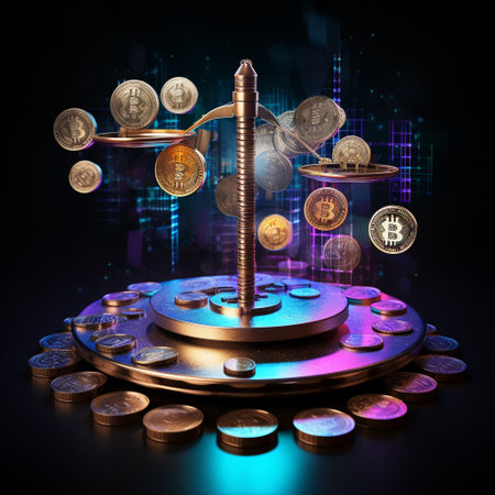 Get ready to be amazed by this visually stunning and captivating image! It features a weight scale adorned with an array of vibrant, shimmering coins, delicately balanced. In the backdrop, a market report unfolds, showcasing charts and graphs that symbolize the dynamic nature of financial growth. This mesmerizing fusion of currency and data is perfect for creating an eye-catching displate for your wall.の素材