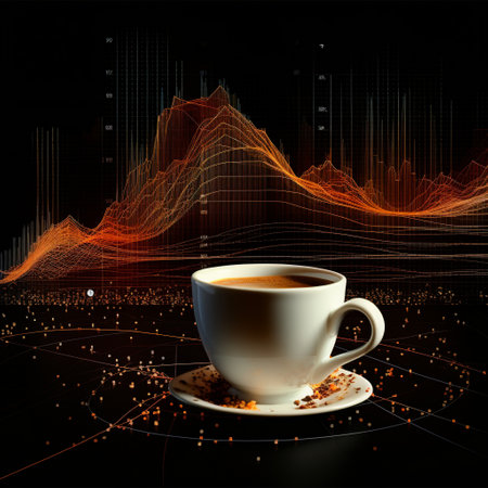 Experience the surreal and captivating world of finance and the love for coffee with this astonishing wallpaper titled 'Caffeine Charts.' Immerse yourself in the visual masterpiece that combines a steaming cup of coffee with a backdrop of fluctuating market graphs. Let the aroma of freshly brewed coffee intermingle with the complexities of stock market analytics, resulting in a thought-provoking and visually striking displate artwork.の素材
