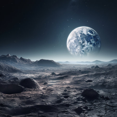 Immerse yourself in the awe-inspiring beauty of this breathtaking moonscape showcasing rugged lunar terrain. The mesmerizing Earthrise in the background adds a touch of mystery and wonder to the scene, captivating viewers with its celestial allure. This wallpaper is designed to evoke a sense of fascination and awe, transporting you to the mesmerizing world beyond Earth.の素材