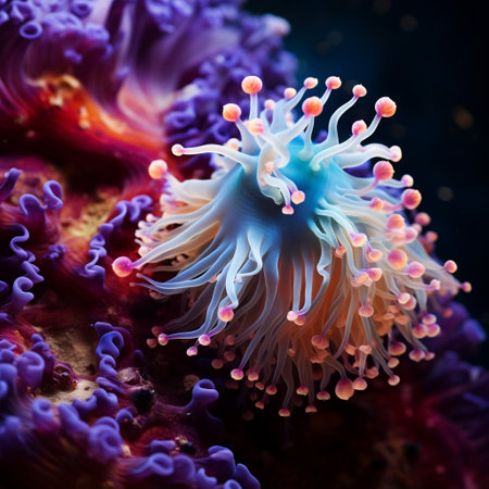 Immerse yourself in the wonders of both the underwater world and the cosmos with this breathtaking scene. Witness a vibrantly colored nudibranch gracefully crawling atop a vivid coral, while a mesmerizing nebula in the background fills the scene with celestial hues. Let the colors and patterns of the nudibranch and coral captivate your imagination and transport you to a world where the boundaries between the ocean and the universe blur.の素材