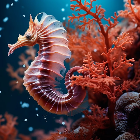 Immerse yourself in the enchanting world of the Seahorse Sanctuary with this astonishing wallpaper. This close-up image captures the delicate beauty of a seahorse as it gracefully curls its magnificent tail around a vibrant coral branch. The colors are vivid and the details are intricately defined, creating a mesmerizing visual experience. Prepare to be captivated and inspired as this image evokes a range of emotional responses, from wonder and awe to a sense of serenity and tranquility.の素材