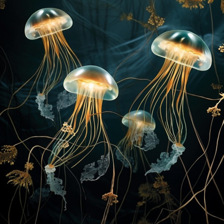 Immerse yourself in the beauty of the deep sea with this incredible wallpaper titled 'Jellyfish Jewels'. The wallpaper showcases mesmerizing luminescent jellyfish gracefully gliding through an underwater world. Their ethereal tentacles delicately trail behind them, resembling shimmering threads of spun gold. Get ready to be captivated by the enchanting allure of these magnificent creatures.の素材