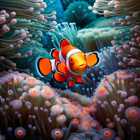 Dive into the breathtaking beauty of the ocean with this exquisite underwater scene. Featuring a playful Clownfish finding its perfect home nestled comfortably within a vibrant sea anemone, this image is a stunning choice for wallpaper that will captivate viewers and showcase the mesmerizing beauty of the ocean's wildlife.の素材