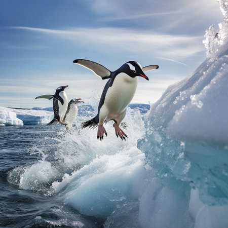 Get ready to be mesmerized by this awe-inspiring image capturing a breathtaking moment in Antarctica. As you gaze upon the icy ledge, witness hundreds of penguins taking a brave plunge into the sparkling, crystal-clear waters. The penguins are frozen in mid-air, showcasing their elegant dives and creating a captivating display of movement and unity. The backdrop of towering glaciers and pristine snow adds to the dramatic effect, evoking awe and wonder. Prepare to be amazed and inspired by the beauty and courage displayed by these incredible creatures.の素材