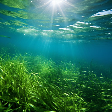 Immerse yourself in the mesmerizing beauty of this surreal underwater landscape. Witness the enchanting dance of a vibrant seagrass meadow as it sways gracefully to the rhythm of ocean currents. The long, emerald-colored strands of seagrass flow in perfect harmony, creating an ethereal and synchronized spectacle. The vibrant hues of the surrounding water add to the serene and enchanting atmosphere, captivating your senses and transporting you to a world of tranquility. Let your imagination run wild and venture into this astonishing underwater scene.の素材