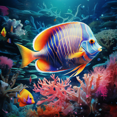 Immerse yourself in the mesmerizing scene of 'Angelfish Aura' with this stunning wallpaper. Witness the ethereal angelfish as they gracefully flutter through vibrant coral gardens, creating a kaleidoscope of enchanting colors. Let your imagination run wild as you experience the awe-inspiring beauty of these underwater wonders.の素材