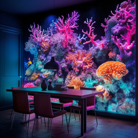 Immerse yourself in the mesmerizing beauty of Coral Constellations, an astonishing wallpaper that showcases a vibrant cosmic display of fluorescent corals illuminating the ocean floor under a captivating UV light. This stunning underwater scene captures the ethereal glow and enchanting atmosphere of these natural formations.の素材