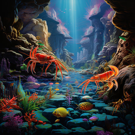 Immerse yourself in the beauty of a surreal underwater world with vibrant colors and unique patterns. This mesmerizing creation features a group of tiny crayfish peeking from mesmerizing crevices among rocky formations in freshwater lakes. The crayfish showcase various colors and sizes, capturing the attention of viewers and evoking a sense of curiosity and wonder.の素材