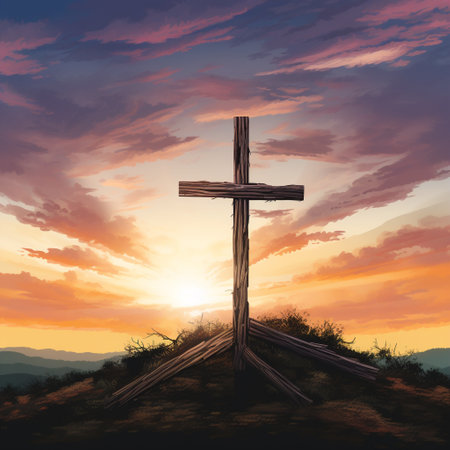 Experience the breathtaking beauty of the Cross at Calvary with this awe-inspiring wallpaper image. The wooden cross stands tall on a hill, illuminated by the warm hues of a stunning sunset. Let your imagination soar as you explore different art styles, from hyper-realism to vibrant cartoon or modern minimalism, to capture the essence of this astonishing scene. This captivating and evocative depiction is sure to delight microstock site users.の素材