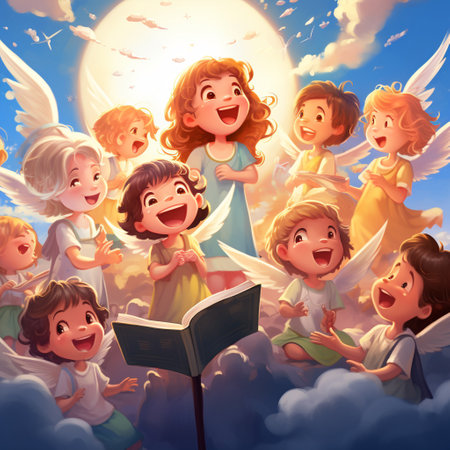 Experience the enchanting beauty of a cherubic choir made up of children, harmoniously singing angelic hymns. This visually stunning image showcases the pure innocence and captivating voices of the young singers. With various art styles, including realism, cartoon, or unique styles of your choice, the image captures the hearts of the audience, evoking a wide range of emotions. The vibrant and charming composition makes it an ideal choice for wallpapers, appealing to both children and adults alike. Rest assured, the image does not contain any copyrighted or trademarked elements.の素材