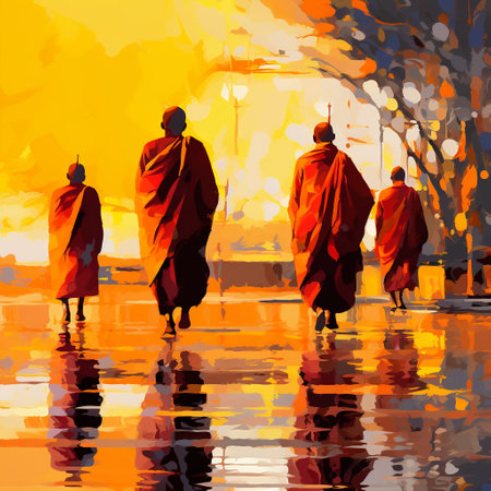 Get ready to be captivated by the stunning wallpaper titled Saffron Serenity. This artwork depicts a group of Buddhist monks dressed in saffron robes, walking in a silent procession. The image is created using various art styles to evoke strong reactions and captivate viewers on microstock sites. Different styles like realism, impressionism, pop art, or any other suitable style are utilized to bring a unique visual experience to the audience. Please note that no copyrighted or trademarked elements are used in this image to ensure its originality and compliance with intellectual property laws.の素材