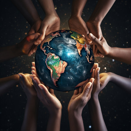 Create an awe-inspiring image in various art styles for microstock sites with this astonishing wallpaper titled 'Unity in Faith - Hands of various skin tones holding a globe.' This powerful image represents the idea of unity and harmony among people from different backgrounds and ethnicities, coming together in faith and embracing a shared vision for the world. The hands, depicted in various skin tones, symbolize diversity and inclusivity, while the globe represents the interconnectedness of humanity and the collective responsibility to care for our planet.の素材