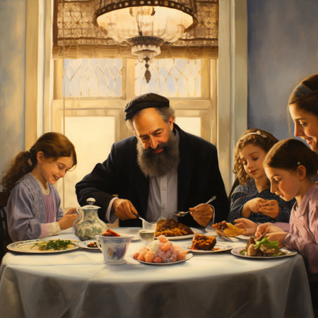 Immerse yourself in the beauty of Passover with this astonishing wallpaper. Experience the warmth and tradition as you gaze upon a stunning illustration depicting a Jewish family partaking in the Passover Seder. The table is lavishly set with symbolic objects, creating a rich and immersive atmosphere. Each family member is engrossed in the traditional rituals and blessings of the Passover meal, their expressions reflecting the joy and significance of this special holiday. Whether rendered in meticulous detail or vibrant cartoon style, this image captures the essence of Passover and the universal spirit of celebration.の素材