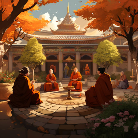 Immerse yourself in the joy and lightheartedness of the monks as they share a moment of mirth in a beautifully adorned courtyard. This vibrant and captivating illustration showcases the serenity of the monastery and the pure glee expressed by the monks. Choose between a realistic portrayal with intricate details to capture the serene atmosphere, or a whimsical cartoon depiction to highlight the monks' expressions of joy. Let your imagination run wild and create an astonishing wallpaper that will leave viewers in awe.の素材