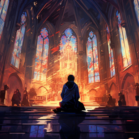 Immerse yourself in the captivating scene of believers kneeling in a historic church. This stunning illustration, titled 'Astonishing wallpaper: Kneeling in Knowings,' showcases various art styles to depict the atmosphere, architecture, and emotions evoked by the ancient sacred space. From realistic to impressionistic, abstract to comic book, watercolor to pixel art, each rendition offers a unique visual experience that captivates viewers.の素材
