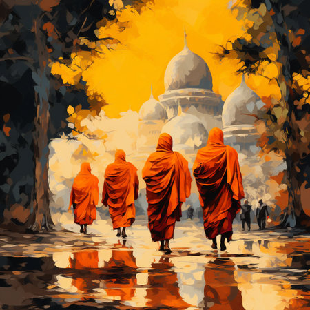 Get ready to be captivated by the stunning wallpaper titled Saffron Serenity. This artwork depicts a group of Buddhist monks dressed in saffron robes, walking in a silent procession. The image is created using various art styles to evoke strong reactions and captivate viewers on microstock sites. Different styles like realism, impressionism, pop art, or any other suitable style are utilized to bring a unique visual experience to the audience. Please note that no copyrighted or trademarked elements are used in this image to ensure its originality and compliance with intellectual property laws.の素材