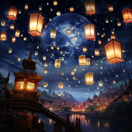 Experience the magic of a night religious festival with this captivating image featuring colorful lanterns illuminated against a night sky backdrop. The mesmerizing glow cast by the lanterns creates a stunning visual display that captures the essence of this enchanting event. Play with different art styles, whether it's realistic to showcase intricate details or explore cartoon art styles for a whimsical twist. Let your imagination run wild and create an image that will captivate viewers and elicit a multitude of reactions.の素材