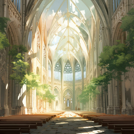 Experience the enchantment of nature's own cathedral with this captivating artwork titled 'Nature's Nave: Sunlight Streaming through Trees Resembling a Cathedral's Nave.' This breathtaking scene depicts sunlight filtering through majestic trees, evoking the serene ambiance of a cathedral's nave. With different art styles, such as realism or cartoon, explore the fusion of light and nature to create a visually stunning and captivating image. Please ensure not to incorporate any copyrighted content or trademarks in the artwork.の素材