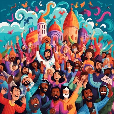 Immerse yourself in the vibrant and visually captivating illustration titled 'Astonishing Wallpaper - Jubilant Juncture'. This artwork showcases an interfaith gathering where individuals from diverse cultures and backgrounds come together to celebrate unity in diversity. The artwork explores various art styles such as realism, cartoon, and other creative techniques that resonate with the theme. The image portrays a joyful and harmonious atmosphere, evoking awe, admiration, and a sense of global togetherness. The artwork respects copyright laws and does not incorporate any copyrighted content or trademarks.の素材