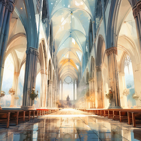 Experience the breathtaking beauty of an empty cathedral basking in the warm glow of sunlight. This stunning image captures the intricate arches and grandeur of the cathedral in a truly awe-inspiring manner. Explore various art styles, including realism and cartoon, to create captivating interpretations that will mesmerize viewers on microstock sites. Please ensure that your creation does not include copyrighted content or trademarks.の素材