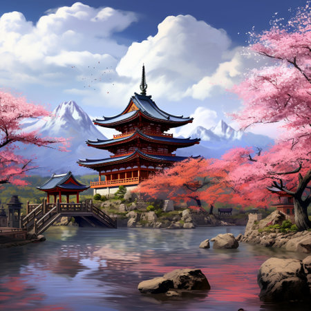 Experience the captivating beauty and serenity of a tranquil Buddhist temple nestled amidst blooming cherry blossoms. This awe-inspiring image showcases the peacefulness and serenity of the temple surrounded by nature's vibrant colors. With its stunning visuals, this image is perfect for creative projects and microstock sites, offering a calming and picturesque backdrop that can be appreciated in various art styles.の素材