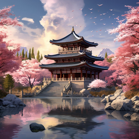 Experience the captivating beauty and serenity of a tranquil Buddhist temple nestled amidst blooming cherry blossoms. This awe-inspiring image showcases the peacefulness and serenity of the temple surrounded by nature's vibrant colors. With its stunning visuals, this image is perfect for creative projects and microstock sites, offering a calming and picturesque backdrop that can be appreciated in various art styles.の素材