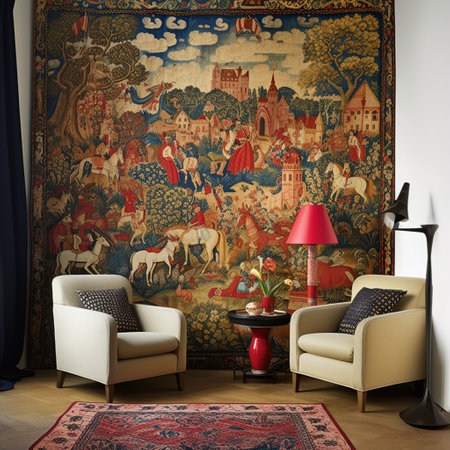 Immerse yourself in the intricate and diverse religious narratives depicted in this visually captivating wallpaper tapestry titled 'Tapestry of Tales - Wall Hanging Depicting Religious Stories.' This stunning artwork portrays various art styles, including hyper-realism, vibrant cartoon illustrations, minimalistic line drawings, and expressive abstract paintings. Each style is carefully juxtaposed to create a captivating visual experience that brings to life the essence of religious tales from different cultures. The tapestry showcases impactful scenes, iconic symbols, and spiritual metaphors, evoking a sense of wonder and interweaving cultural heritage. With its vibrant colors and intricate details, this tapestry is sure to inspire viewers from all walks of life.の素材