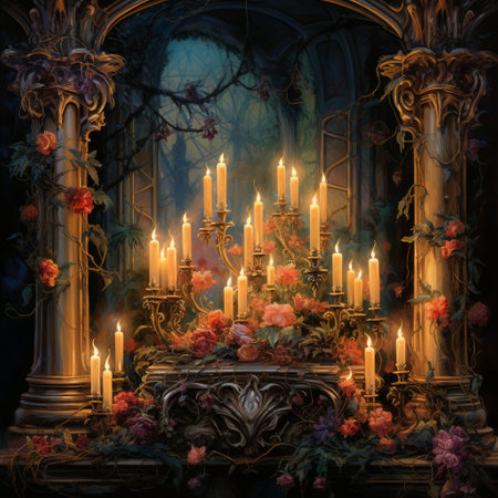 Immerse yourself in the enchanting scene of 'Candlelit Covenants' with this astonishing wallpaper. Antique scrolls gently illuminated by the warm glow of flickering candles create a captivating sight. The image embraces different art styles, including realistic oil painting, whimsical watercolors, vibrant digital illustration, and more, to capture the essence of this mesmerizing scene. Let your imagination run wild and adorn your digital devices with this magical wallpaper that will leave you in awe.の素材