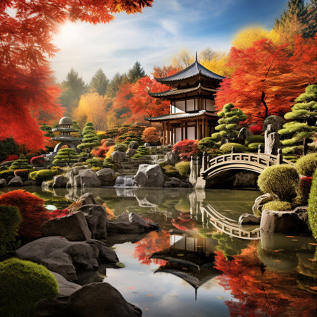 Immerse yourself in the tranquil allure of a Zen garden blended with the vibrant hues of autumn foliage. This breathtaking wallpaper transports viewers to a majestic setting, where a Zen garden perches atop a mountain peak, basking in warm sunlight. Meticulously arranged elements, such as raked gravel, serene ponds, gracefully arching bridges, and exquisite bonsai trees, create a serene atmosphere. The landscape is adorned with a mesmerizing palette of crimson, gold, and amber, as the surrounding trees embrace the striking colors of fall. The artwork is rendered in various artistic styles, including hyperrealistic strokes that capture intricate details and whimsical interpretations that infuse the traditional Zen aesthetic with a touch of fantasy. Let this Astonishing Wallpaper Zen Zenith captivate and inspire viewers worldwide.の素材