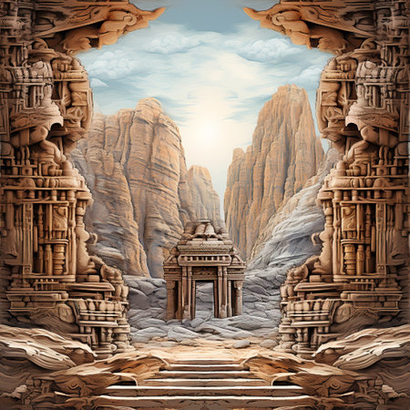 Immerse yourself in the mesmerizing beauty of this astonishing wallpaper inspired by ancient sandstone cliffs. The image captures a breathtaking scene of intricately carved temple entrances amidst the rugged sandstone landscape. With its stunning artistry and rich details, this wallpaper transports you to a sanctuary of wonder and awe.の素材