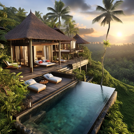 Immerse yourself in the visual splendor of Bali's accommodation scene with this visually stunning image. Experience the vibrant beauty of the picturesque landscape, dotted with diverse lodgings that capture the essence of Balinese charm and warmth. From traditional Balinese bungalows nestled amidst lush greenery to luxurious resorts boasting infinity pools and breathtaking ocean views, this image is a true reflection of Bali's allure. Let it captivate viewers and ignite their wanderlust.の素材