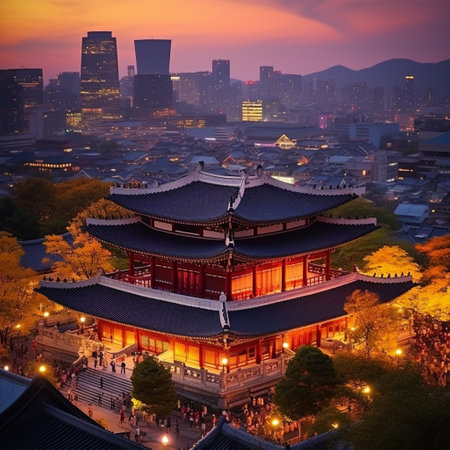 Experience the vibrant energy of Seoul as a mesmerizing blend of traditional and modern elements come to life. This captivating image showcases iconic palaces, bustling markets, vibrant nightlife, and flavorful street food. Against a stunning sunset backdrop, ancient temples and contemporary skyscrapers are illuminated, casting a golden glow over the cityscape. Let this image transport you to Seoul and inspire you to explore every captivating corner of this dynamic metropolis.の素材