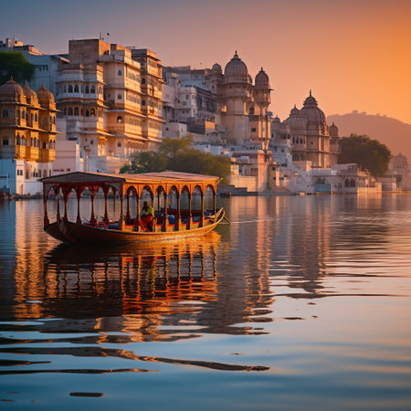 Experience the mesmerizing charm of Udaipur, India through this eye-catching image. It showcases a vibrant blend of historical landmarks, flavorful cuisine, and breathtaking lake views, all capturing the essence of this enchanting city. The majestic City Palace stands tall as the backdrop, while a traditional boat gracefully glides through the serene waters of Lake Pichola, offering a sense of tranquility. The image also incorporates elements of Indian culture, such as colorful textiles and intricate patterns, adding to the allure of Udaipur. Get ready to embark on an unforgettable journey through the wonders of this captivating city!の素材