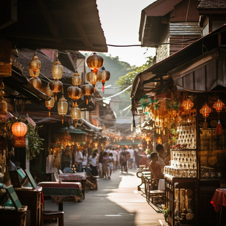 Immerse yourself in the vibrant atmosphere of Chiang Mai's bustling street market. This lively scene is filled with colorful stalls offering exotic fruits, handcrafted souvenirs, and delicious street food. Local vendors and tourists intermingle, creating a vibrant tapestry of cultures. The market is adorned with enchanting paper lanterns, casting a warm glow over the scene. In the backdrop, a majestic temple with intricate gold detailing stands tall, embodying the city's rich spiritual heritage. This image captures the essence of Chiang Mai, where ancient charm and modern vibrancy merge seamlessly, leaving viewers captivated by its irresistible allure.の素材
