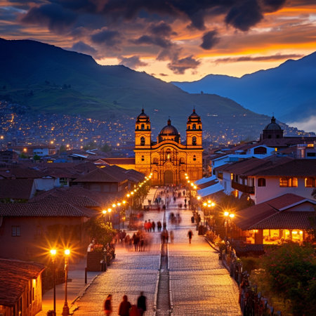 Experience the captivating charm of Cusco, Peru through this vibrant cityscape image. Explore the mix of ancient Inca ruins and bustling marketplaces, where locals and tourists immerse themselves in a rich cultural experience. Indulge in mouthwatering Peruvian dishes like 'ceviche' and 'lomo saltado'. Witness the adventurous spirit of hikers setting off to conquer nearby mountains. Let this image leave you in awe, yearning to discover the captivating charm of Cusco.の素材