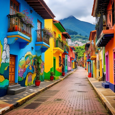 Experience the vibrant allure of Bogota, Colombia through this image capturing a bustling street scene in the heart of the city. Colorful buildings adorned with vibrant street art line the streets, creating an atmosphere of creativity and energy. In the background, historical landmarks such as the iconic Plaza de Bolivar and the mountainous landscape that surrounds Bogota can be seen, showcasing the city's rich history and natural beauty. Locals engage in traditional dances like salsa, adding to the lively atmosphere of the scene. In the foreground, a table filled with mouthwatering Colombian cuisine highlights the region's rich culinary traditions. This image perfectly blends the old-world charm and modern excitement that Bogota offers, leaving viewers with a sense of wonder and fascination.の素材