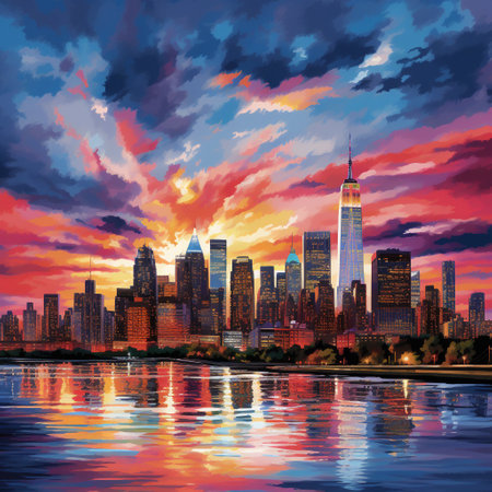 Capture the essence of New York City's breathtaking skyline at sunset, showcasing the iconic landmarks and rich tapestry of colors. From the towering skyscrapers bathed in golden hues to the vibrant hues of pink, purple, and orange painting the sky, this image evokes a sense of awe and wonder. Take a unique perspective by incorporating hidden gems and vantage points that offer a fresh look into the magic of the city. Let this image inspire a wave of reactions, leaving viewers longing to experience the beauty of New York City's skyline firsthand.の素材