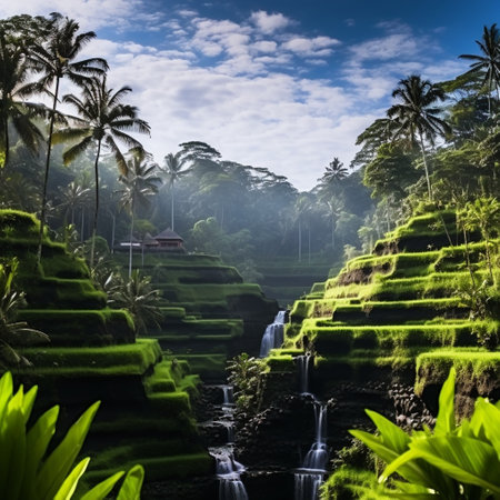 Embark on a visual journey through the breathtaking landscapes of Bali with this exquisite image. Discover the mesmerizing beauty of a cascading waterfall, gracefully flowing amidst the lush green rice terraces. The vibrant greenery in the foreground adds depth and richness to the scene, enhancing the overall allure of Bali's natural wonders. This image captures the serene and awe-inspiring beauty of Bali, leaving viewers in awe and longing to explore the hidden gems of this paradise. Experience the tranquility and wonder that nature's remarkable masterpieces evoke.の素材