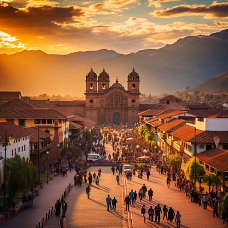 Experience the captivating charm of Cusco, Peru through this vibrant cityscape image. Explore the mix of ancient Inca ruins and bustling marketplaces, where locals and tourists immerse themselves in a rich cultural experience. Indulge in mouthwatering Peruvian dishes like 'ceviche' and 'lomo saltado'. Witness the adventurous spirit of hikers setting off to conquer nearby mountains. Let this image leave you in awe, yearning to discover the captivating charm of Cusco.の素材