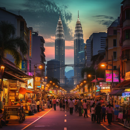 Experience the vibrant energy of Kuala Lumpur's bustling streets, where diverse cultures and mouthwatering cuisines intertwine. This image depicts a colorful market filled with aromatic spices, exotic fruits, and street food vendors dishing out a tantalizing array of dishes. Let the image ignite a sense of adventure and an appetite for exploration in the viewers, capturing the essence of this cultural melting pot.の素材