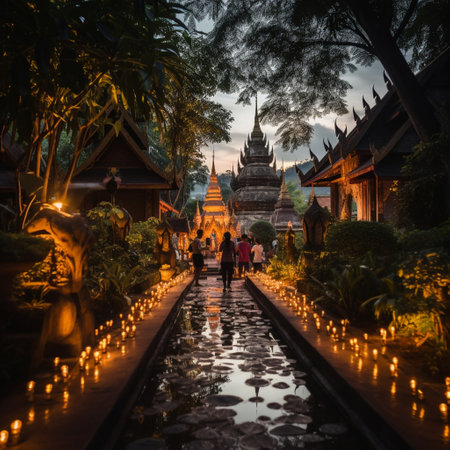 Immerse yourself in the enchanting allure of Chiang Mai, Thailand - a blend of ancient temples, vibrant night bazaars, and hidden gems. This image captures a bustling night market illuminated by colorful lanterns, surrounded by intricately designed temples and the silhouette of misty mountains beyond. Let this image evoke a sense of mystery, cultural richness, and an immersive journey waiting to unfold in this captivating city.の素材